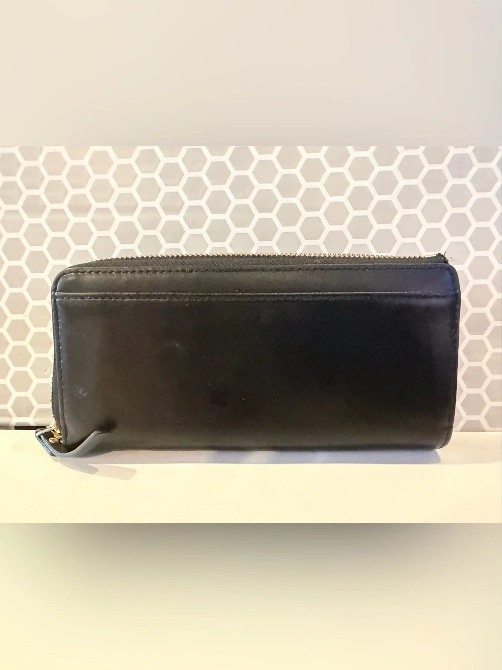 Kate Spade Black Bow Zip-Around Wallet with Gold Logo Plaque